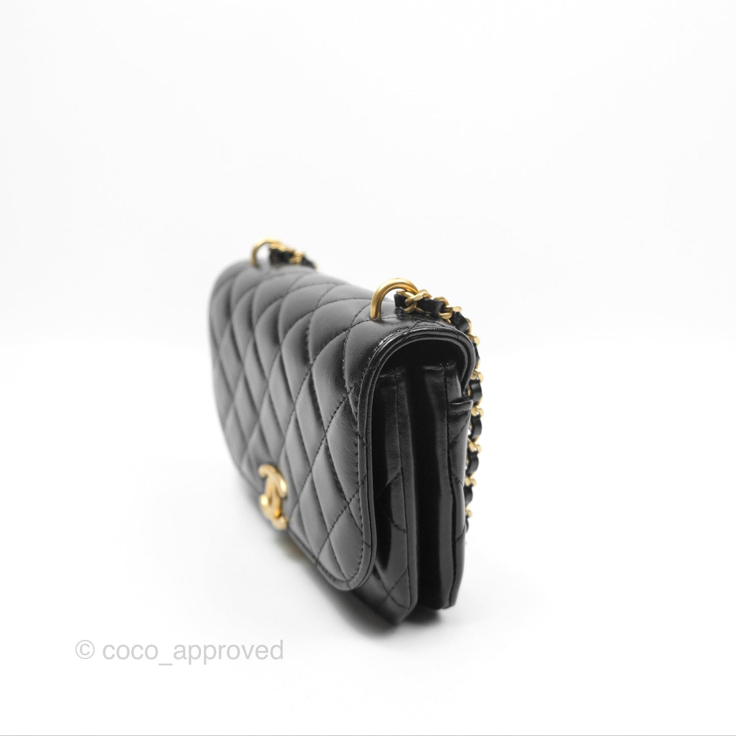 Chanel Flap Phone Holder With Chain Quilted Black Shiny Lambskin
