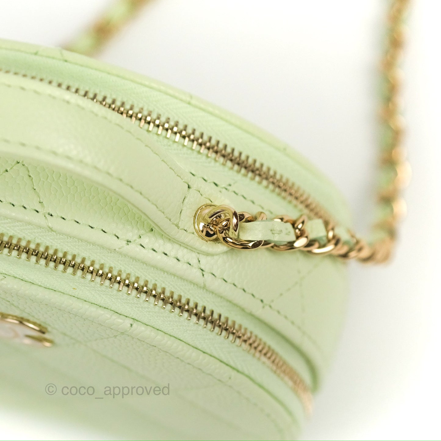 Chanel Mini Round Vanity Bag Handle With Care Light Green Caviar 22C