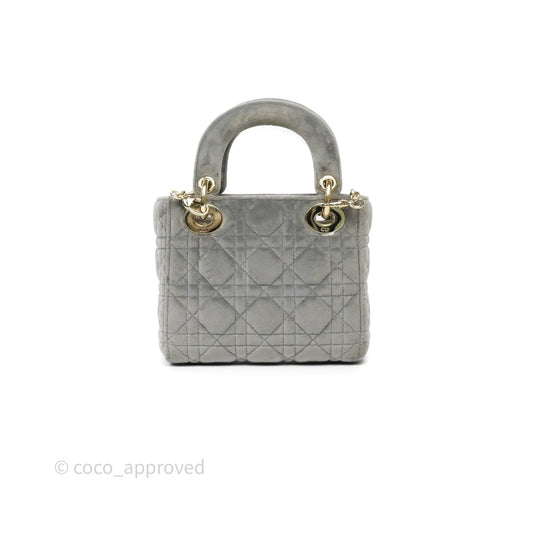 Dior Mini Lady Dior Grey Velvet Cannage Crystal Charms Gold Hardware