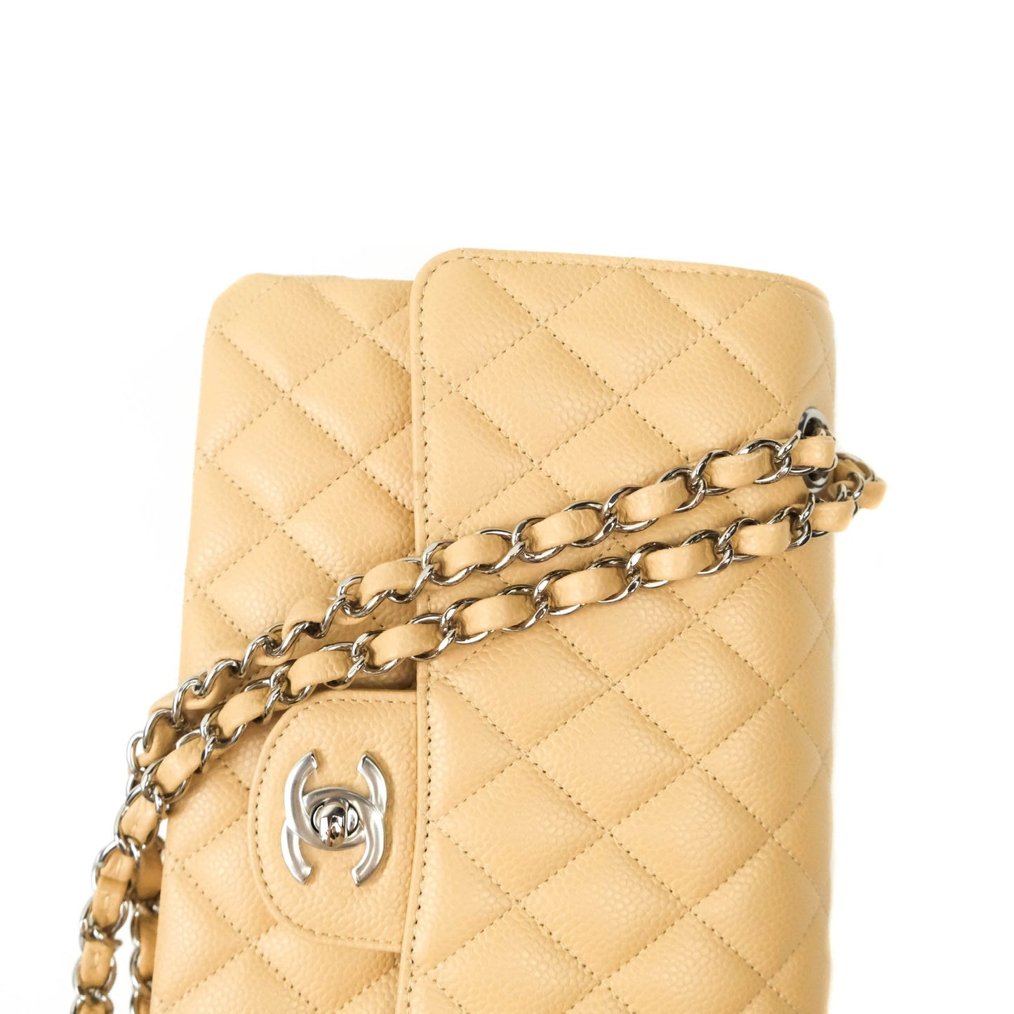 Chanel Classic M/L Medium Double Flap Beige Caviar Silver Hardware