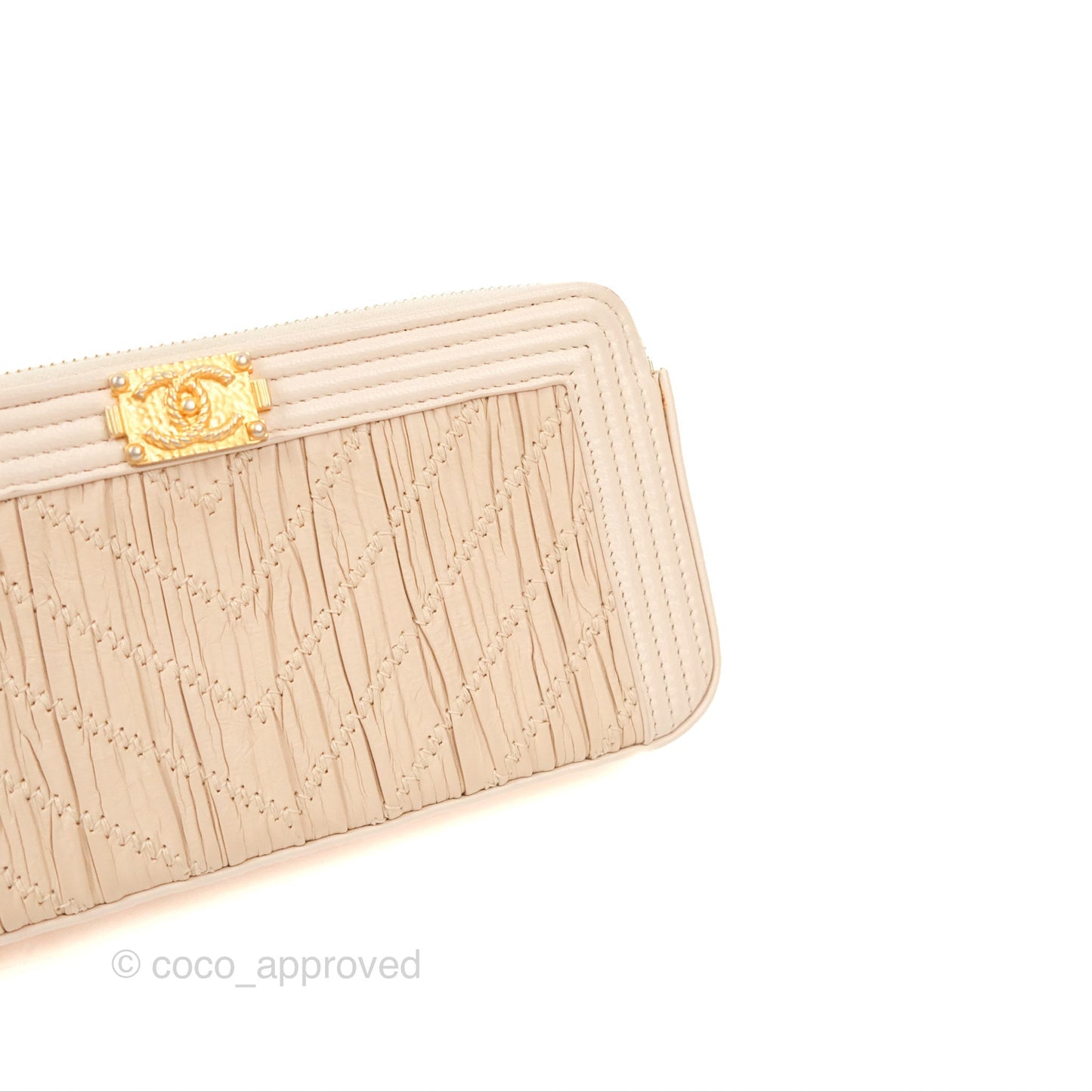 Chanel Boy Double Zip Clutch On Chain Chevron Pale Beige Aged Gold Hardware