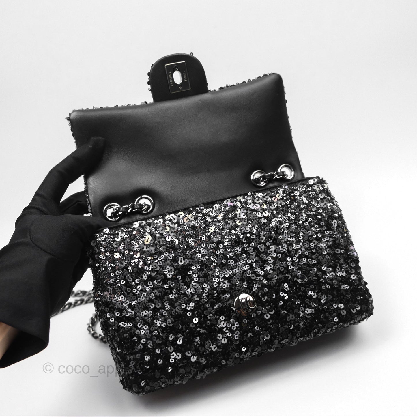 Chanel Flap Bag Sequin Black Silver Hardware 23S