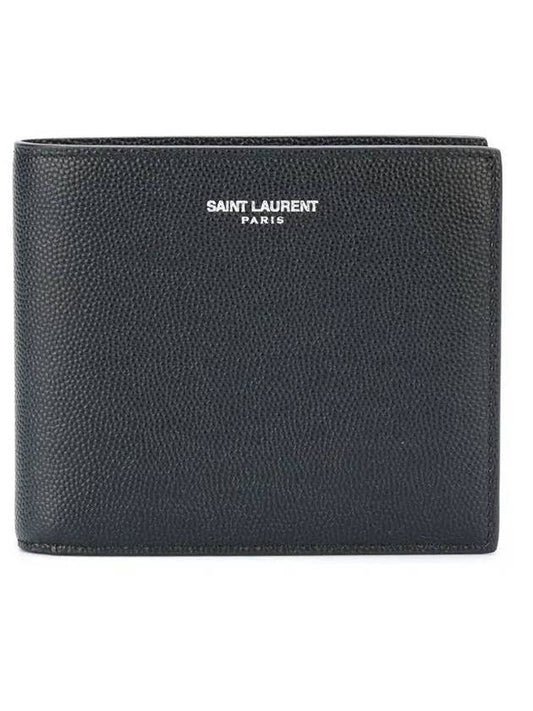 Luxury Saint Laurent Classic Logo Textured Leather Half Wallet Black