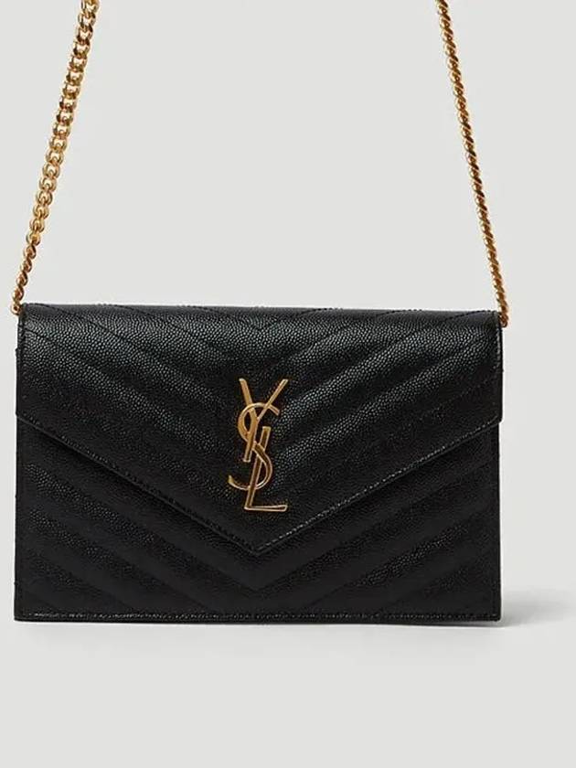 Luxury Saint Laurent Grain De Poudre Embossed Envelope Chain Long Wallet Black