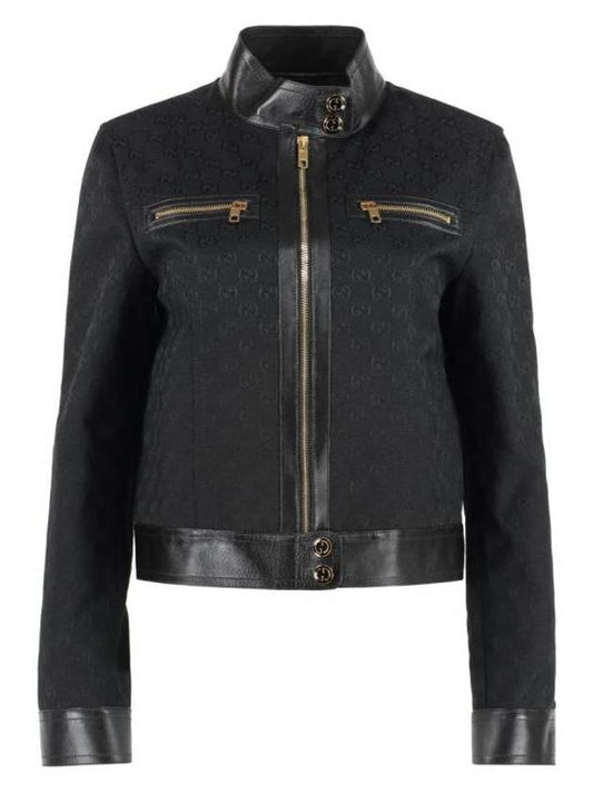 Luxury Gucci Trending 2025 GG Leather Triming Zip-up Jacket Black