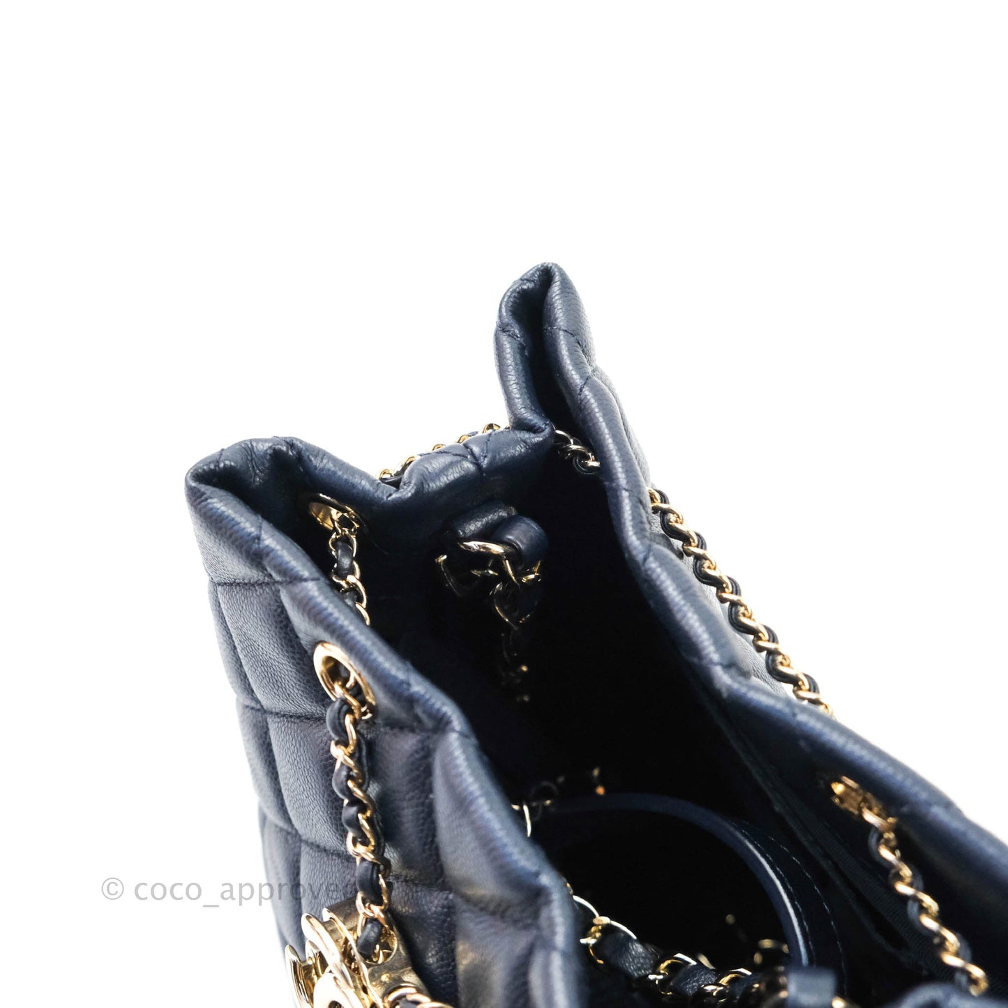 Chanel Caviar Quilted Rolled Up Bucket Drawstring Bag Navy Gold Hardware