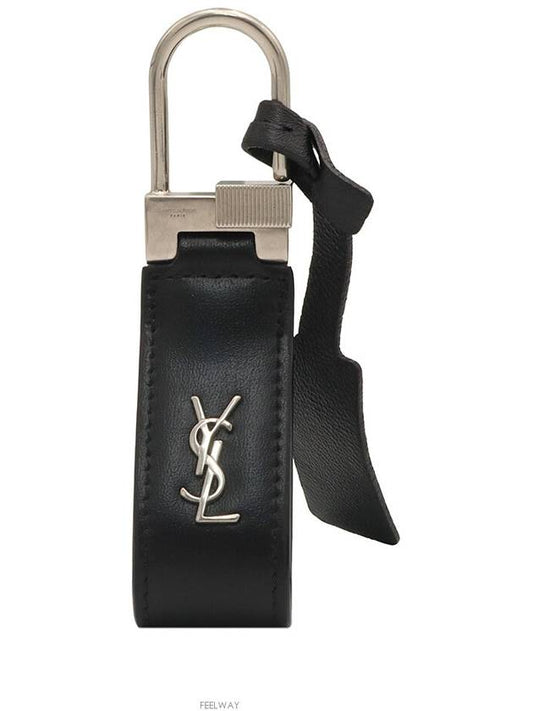 Luxury Saint Laurent Black calfskin monogram silver mini key ring 668961