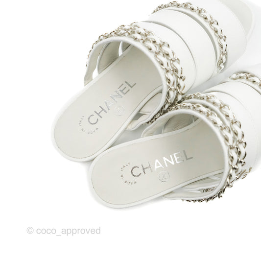 Chanel CC Chain Sandals White Silver Hardware Size 34.5