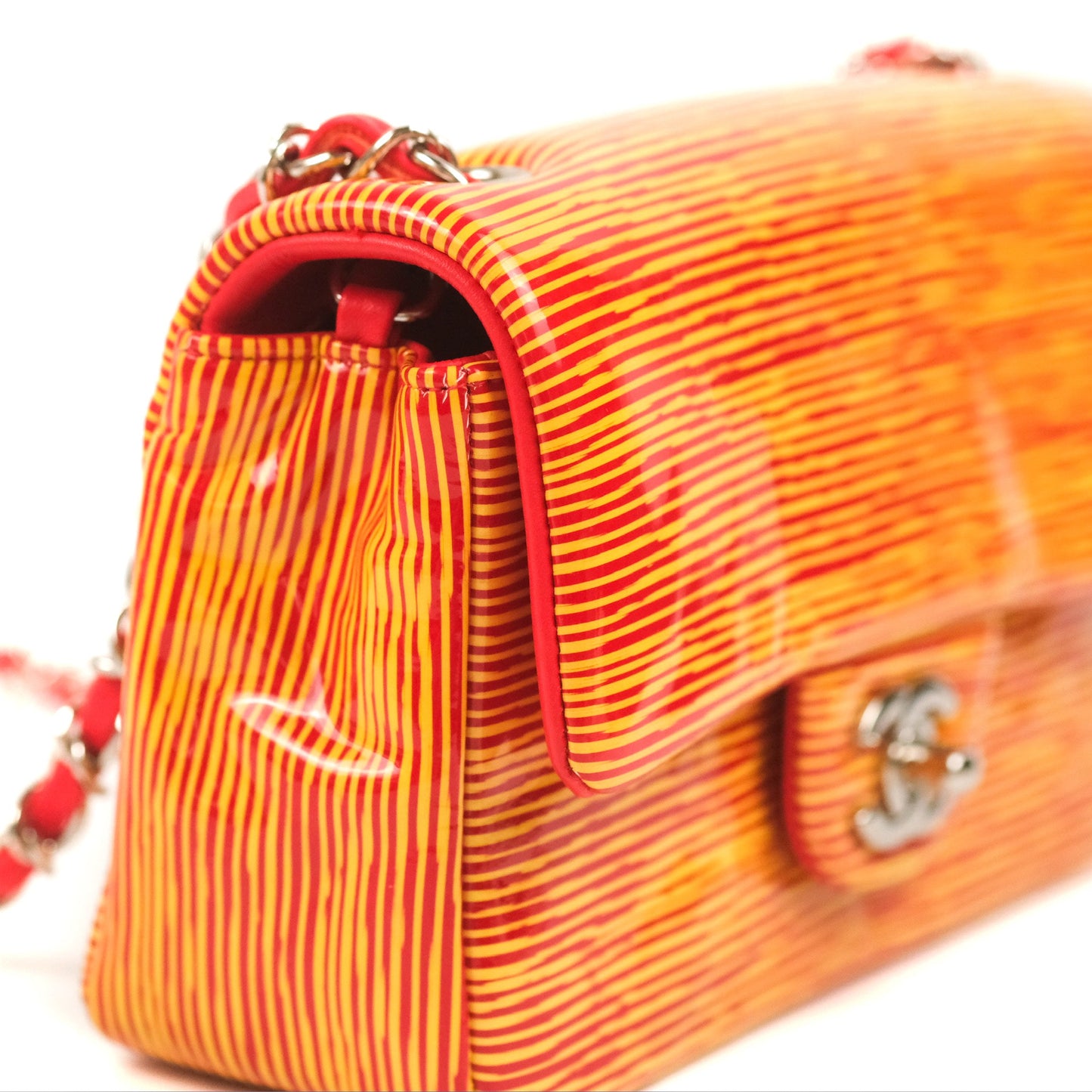 Chanel Mini Rectangular Flap Bag Orange Red Striped Patent Silver Hardware