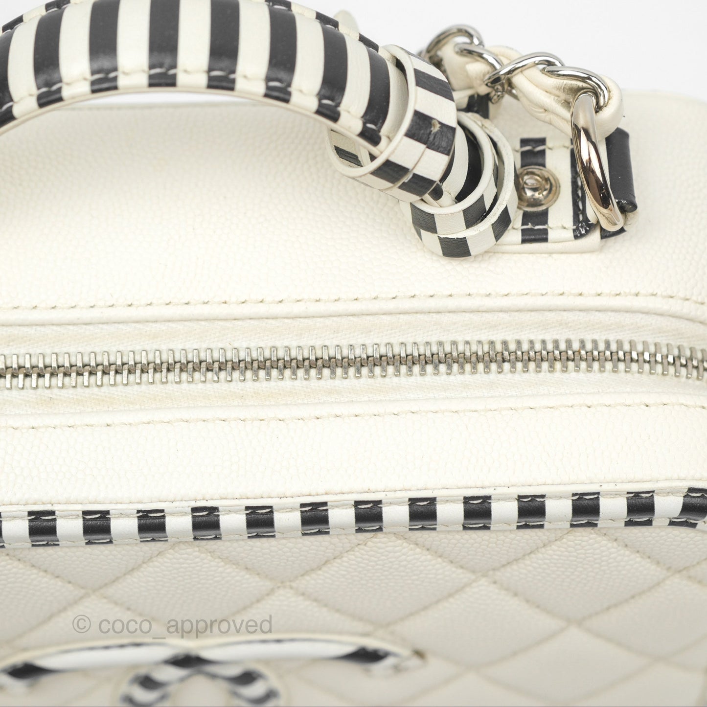 Chanel Quilted Medium CC Filigree Vanity Case White Black Stripe Caviar Silver Hardware