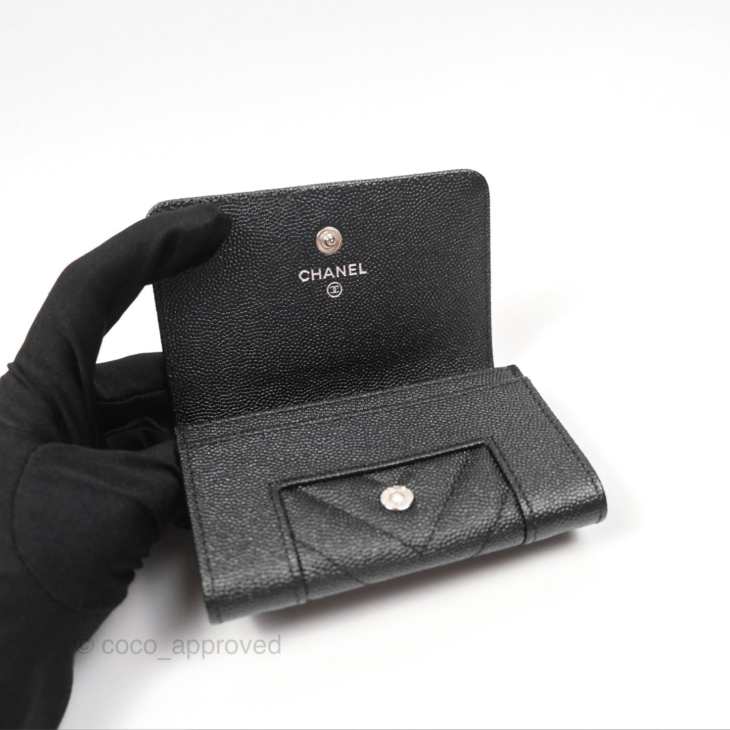 Chanel Chevron Mademoiselle Card Holder Iridescent Black Caviar Silver Hardware