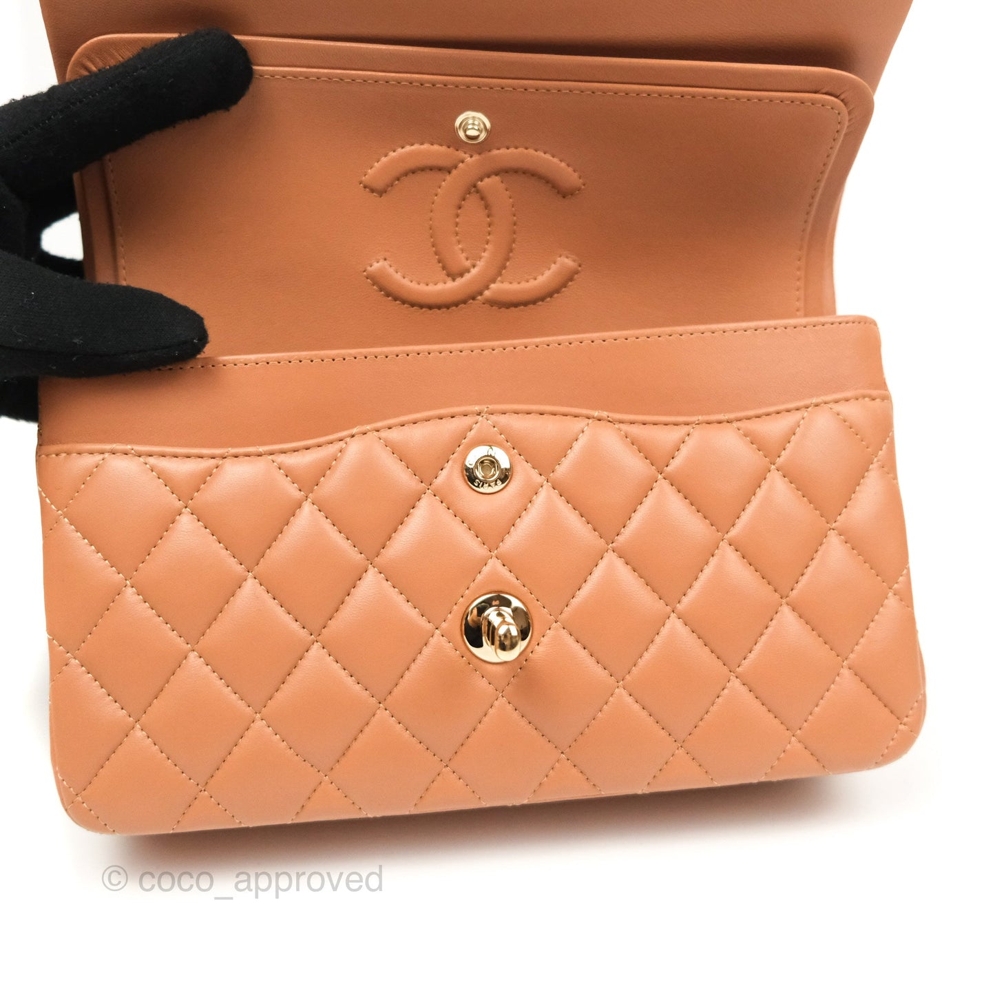 Chanel Small Classic Quilted Flap Dark Beige Caramel Lambskin Gold Hardware