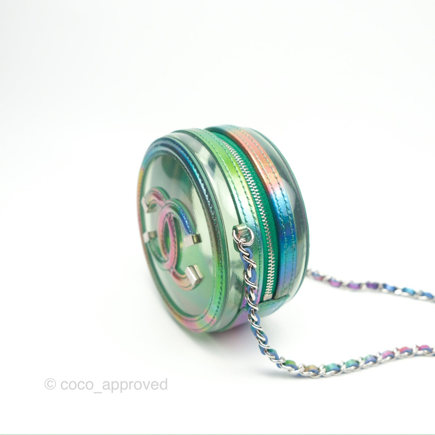 Chanel Filigree Rainbow Green PVC Round Clutch With Chain Silver Hardware 20C