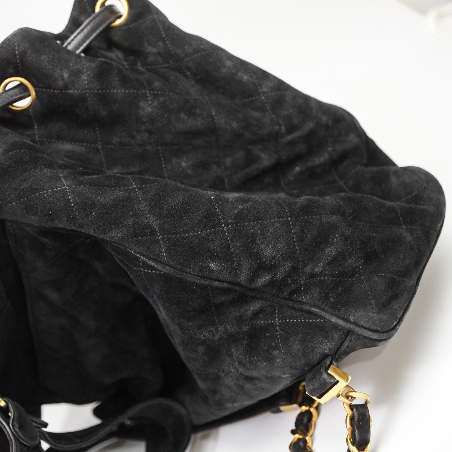 Chanel Vintage Quilted Suede CC Backpack Black Gold Hardware