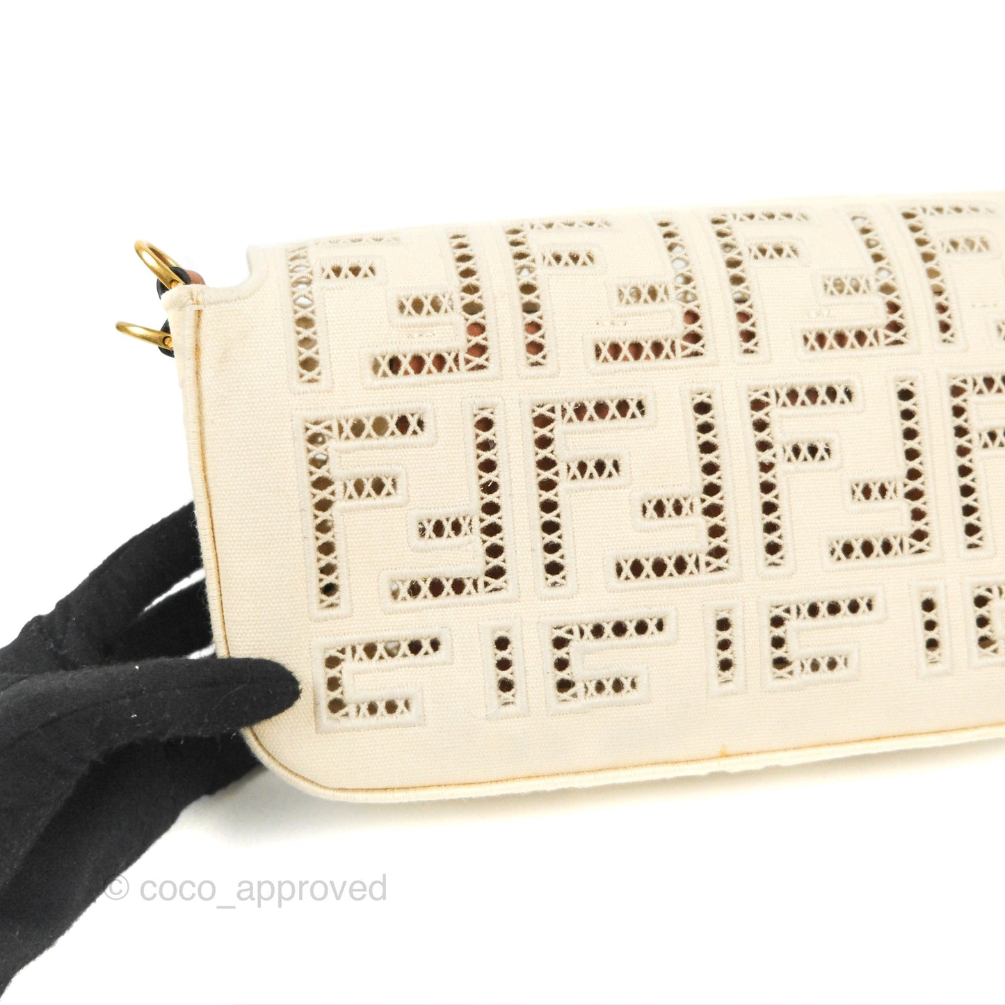Fendi Medium FF Ajour Embroidery Baguette Bag Ivory Canvas