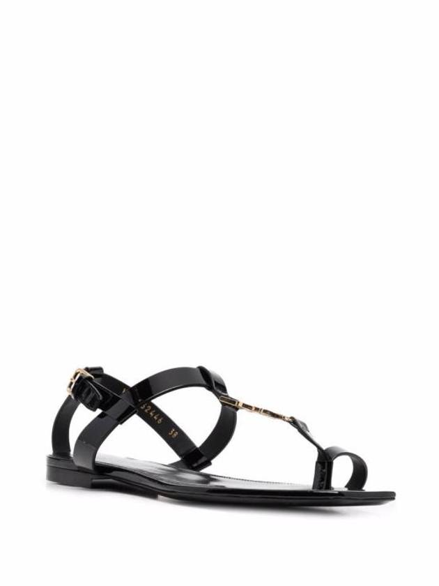 Luxury Saint Laurent Women's Cassandra Monogram Logo Patent Leather Sandals Black