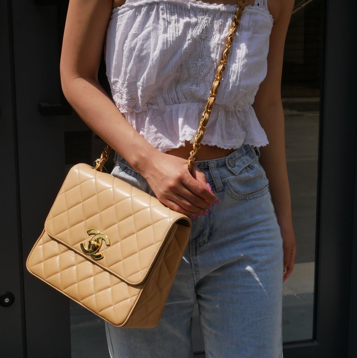 CHANEL 1994-1996 Beige Lambskin Straight Flap Medium 13790