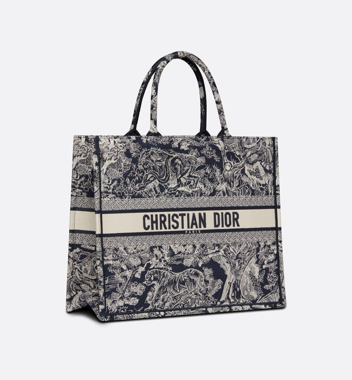 Large Luxury Dior Book Tote Blue and Ecru Toile de Jouy Reverse Embroidery