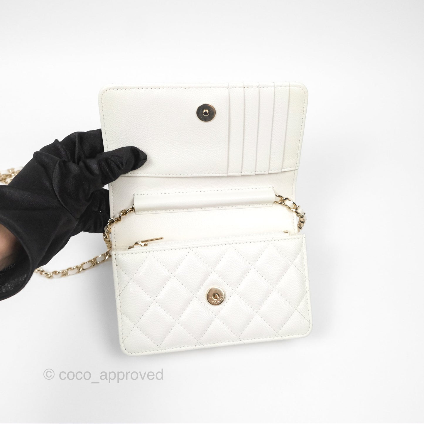Chanel Quilted Mini Wallet on Chain WOC Ivory Caviar Gold Hardware