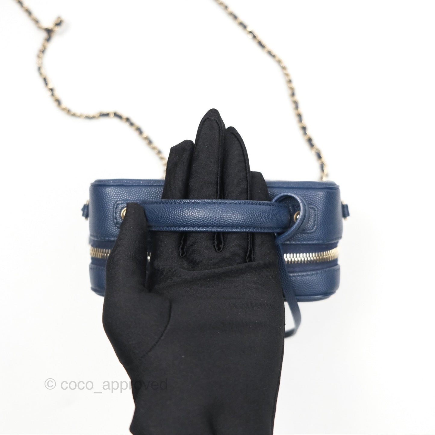 Chanel Quilted Small CC Filigree Vanity Case Navy Caviar Gold Hardware
