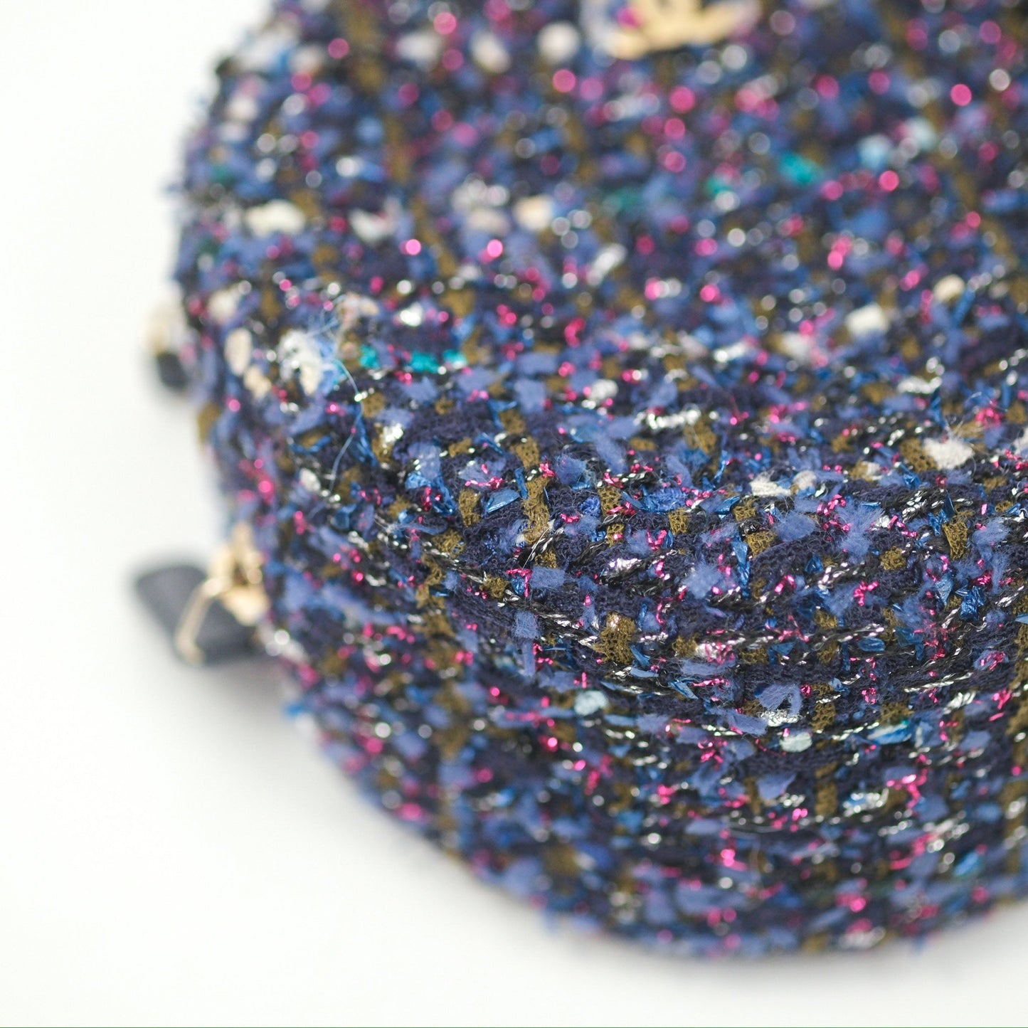 Chanel Classic Quilted Round Clutch With Chain Navy Tweed Gold Hardware