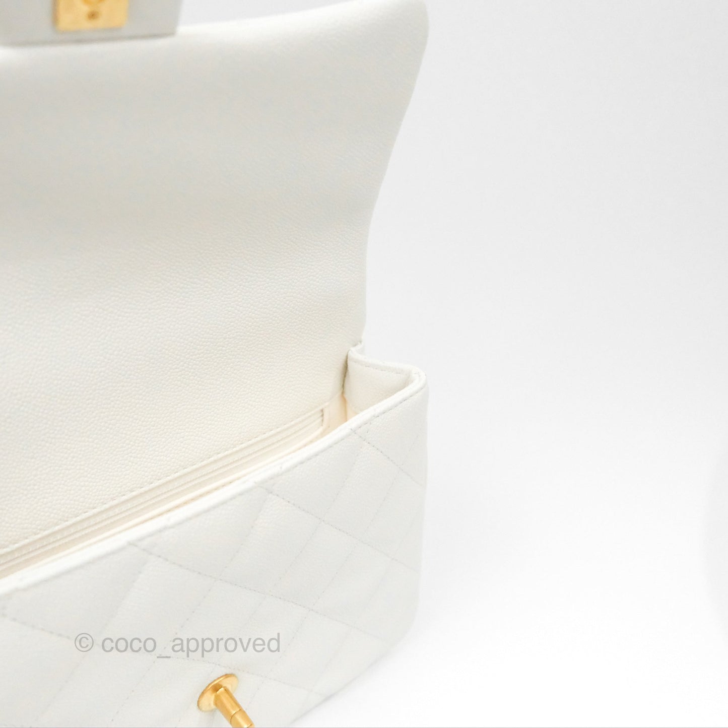 Chanel Large Flap Bag Heart Adjustable Chain White Caviar Aged Gold Hardware