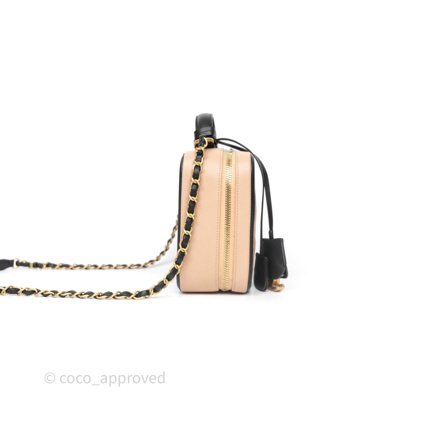 Chanel Quilted Medium CC Filigree Vanity Case Beige Black Caviar Aged Gold Hardware