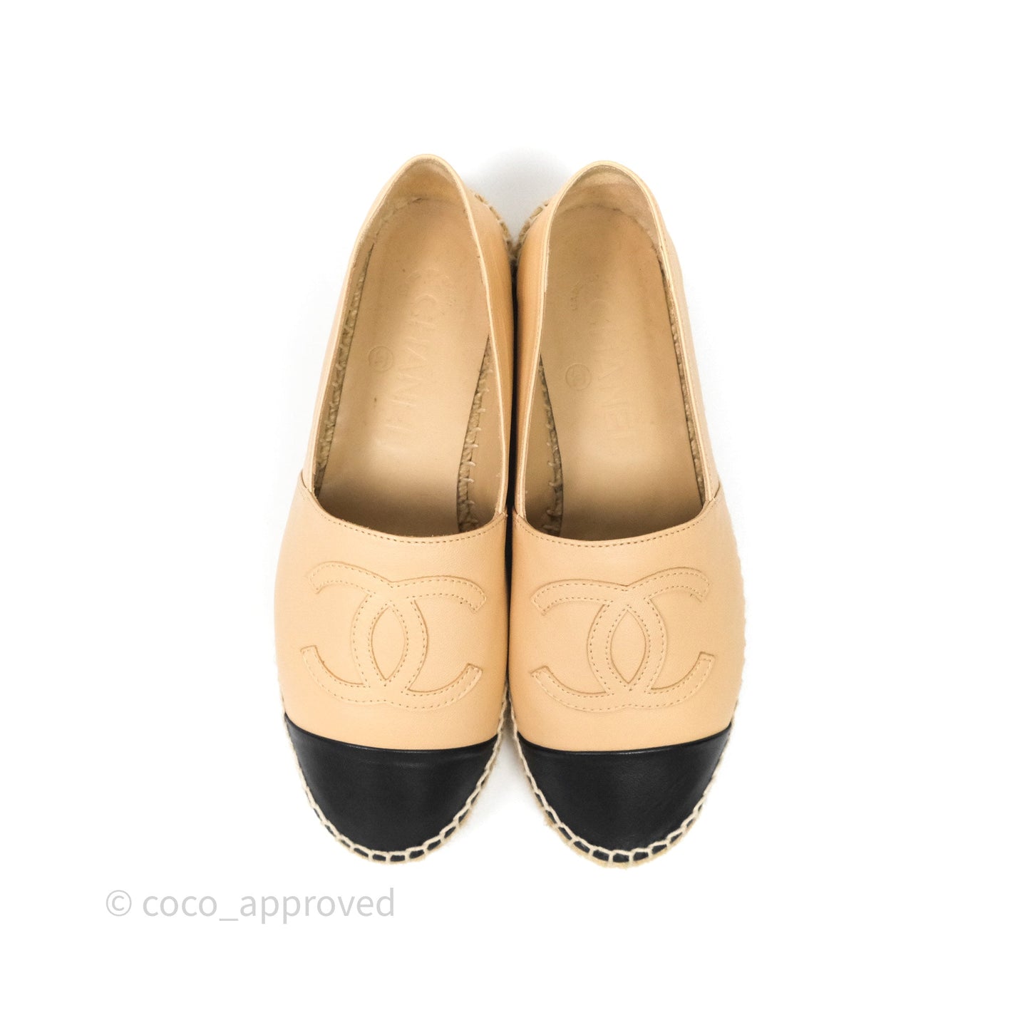 Chanel CC Espadrilles Beige Black Lambskin Size 36