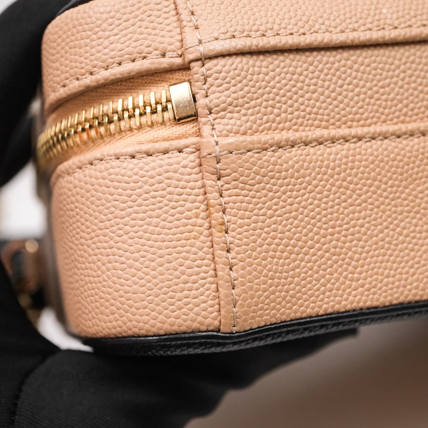 Chanel Quilted New Small CC Filigree Vanity Case Beige Caviar Gold Hardware