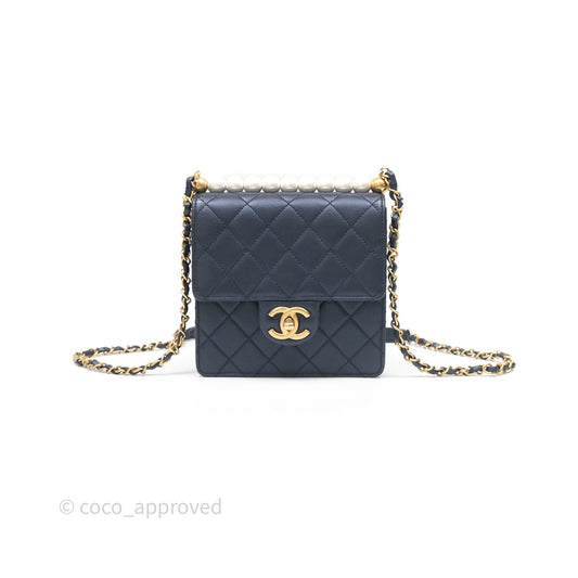 Chanel Quilted Chic Pearls Flap Iridescent Navy Goatskin Aged Gold Hardware
