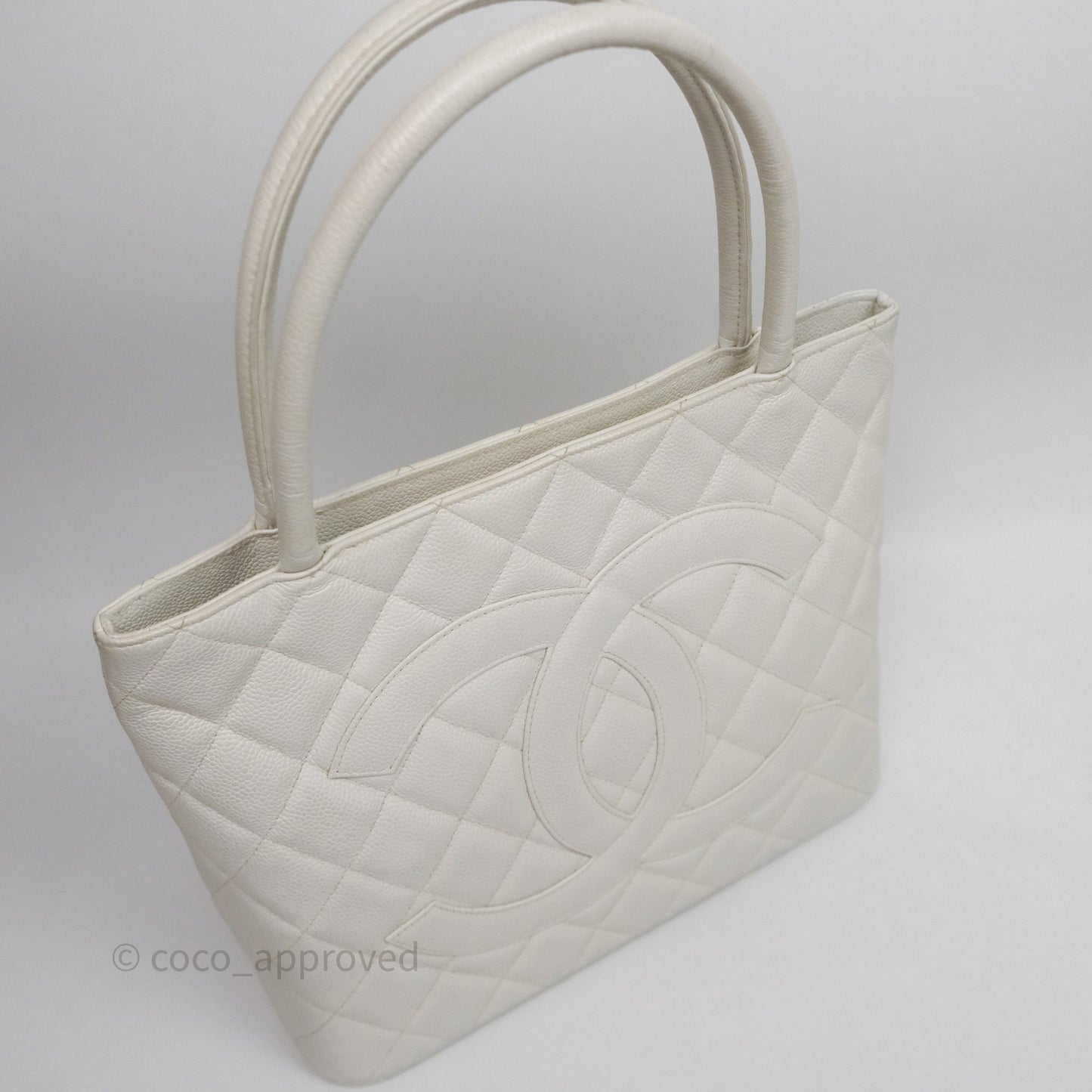 Chanel Vintage Medallion CC White Caviar Tote Bag Gold Hardware