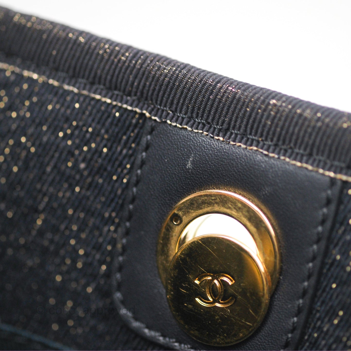Chanel Medium Deauville Tote Navy Glitter Canvas Gold Hardware
