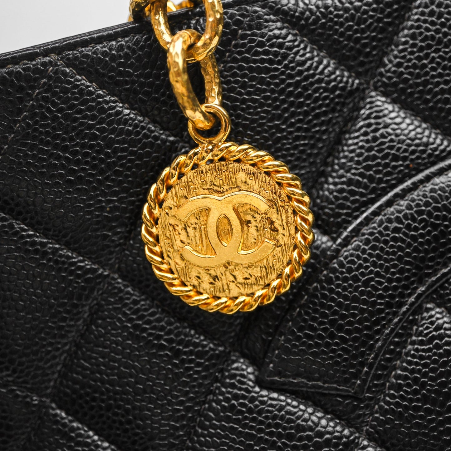 Chanel Vintage Medallion CC Tote Bag Black Caviar Gold Hardware