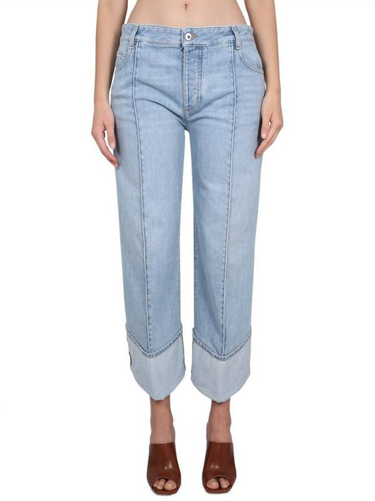 Luxury Bottega Veneta Turn-Up Hem Curved Light Bleached Straight Jeans Blue