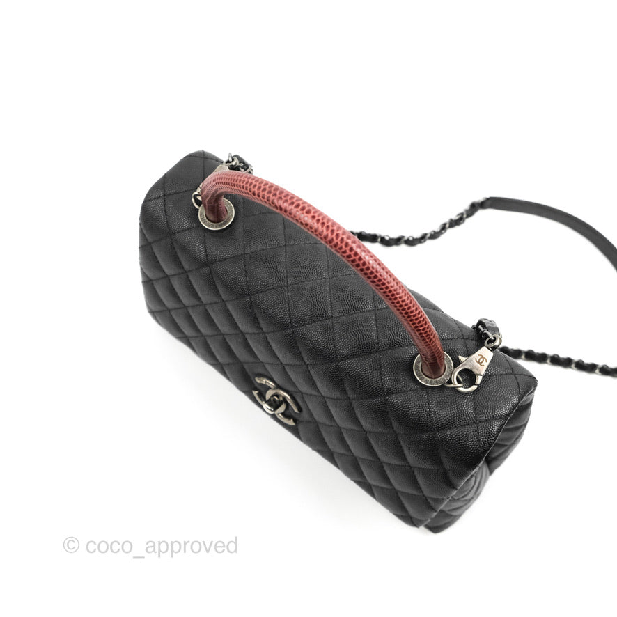 Chanel Medium Coco Handle Quilted Black Caviar Lizard Handle Ruthenium Hardware
