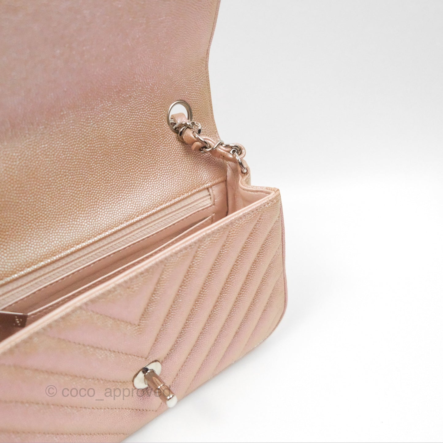 Chanel Chevron Mini Rectangular Flap Iridescent Rose Gold Caviar Ruthenium Hardware 17B