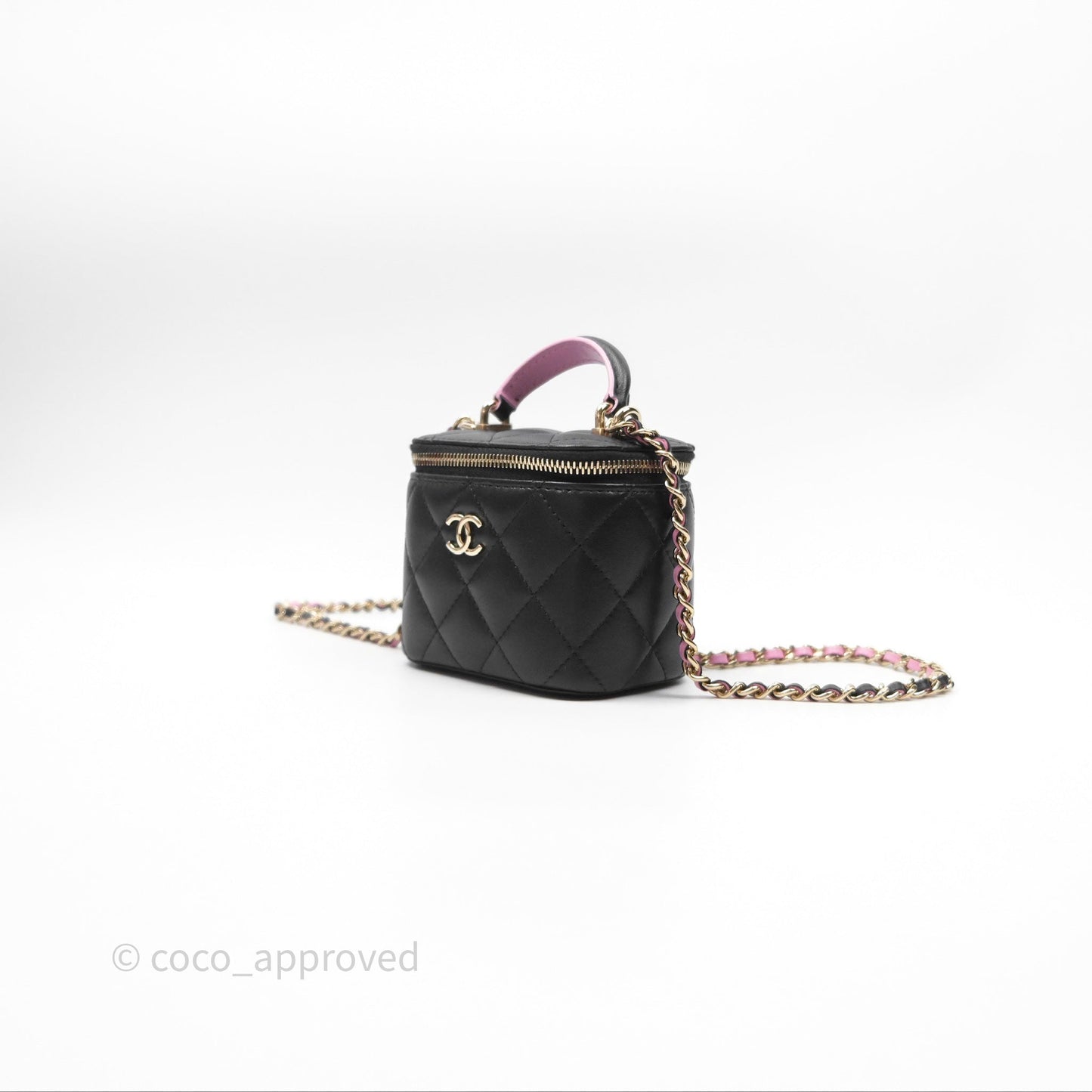 Chanel Mini Top Handle Vanity With Chain Black/ Pink Lambskin Gold Hardware
