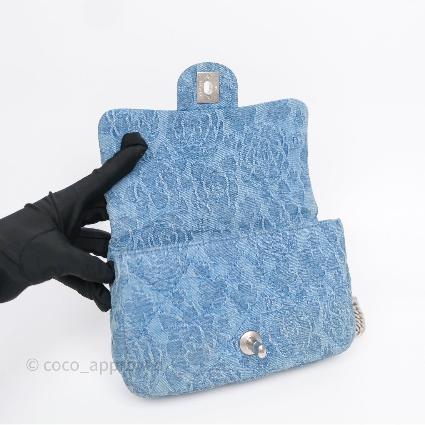 Chanel Mini Camellia Printed Heart Crush Flap Bag Blue Denim Aged Silver Hardware