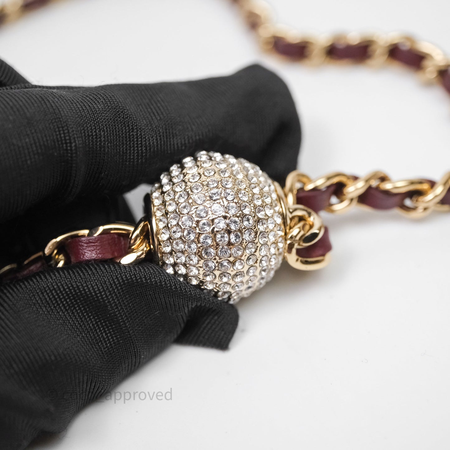 Chanel Quilted Phone Holder Crystals Pearl Crush Red Velvet Gold Hardware