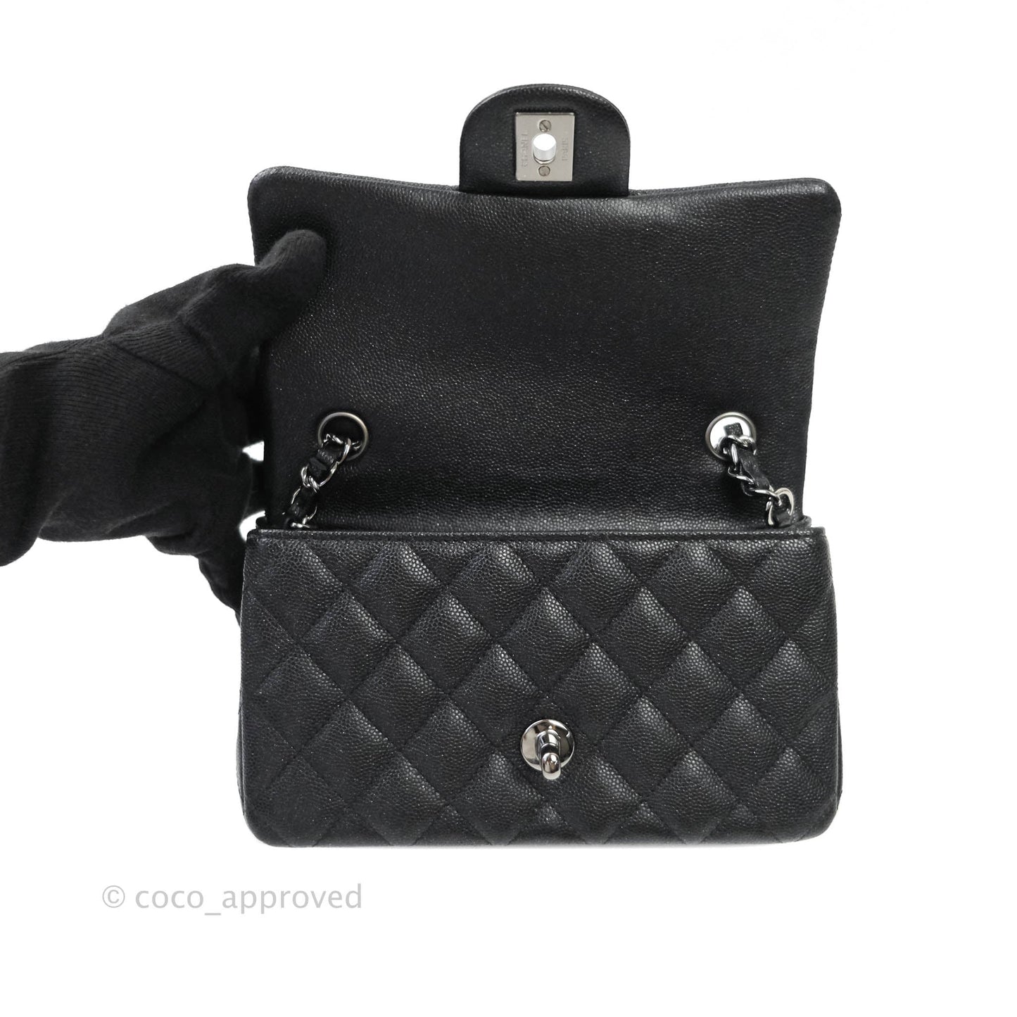 Chanel Classic Quilted Mini Rectangular Flap Iridescent Black Caviar Gun Metal 18C