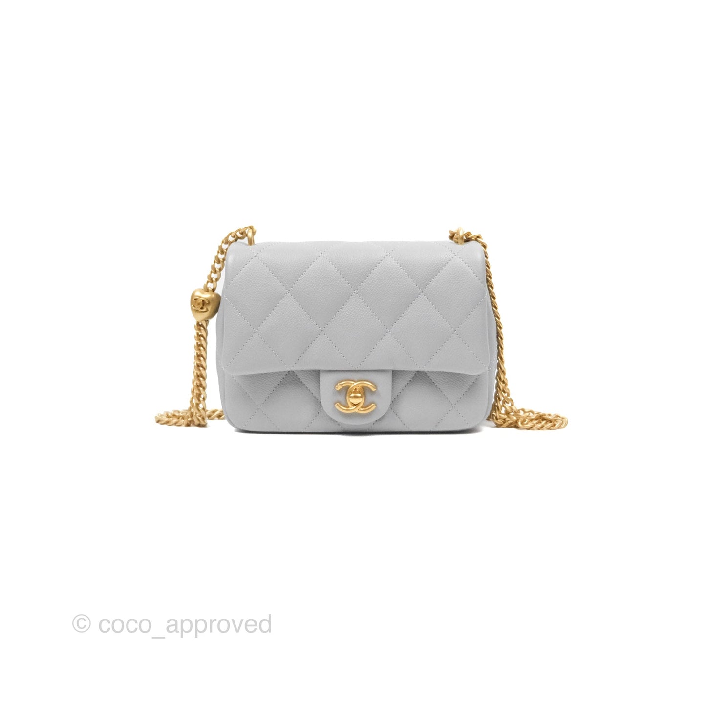 Chanel Mini Flap Bag Heart Adjustable Chain Grey Caviar Aged Gold Hardware