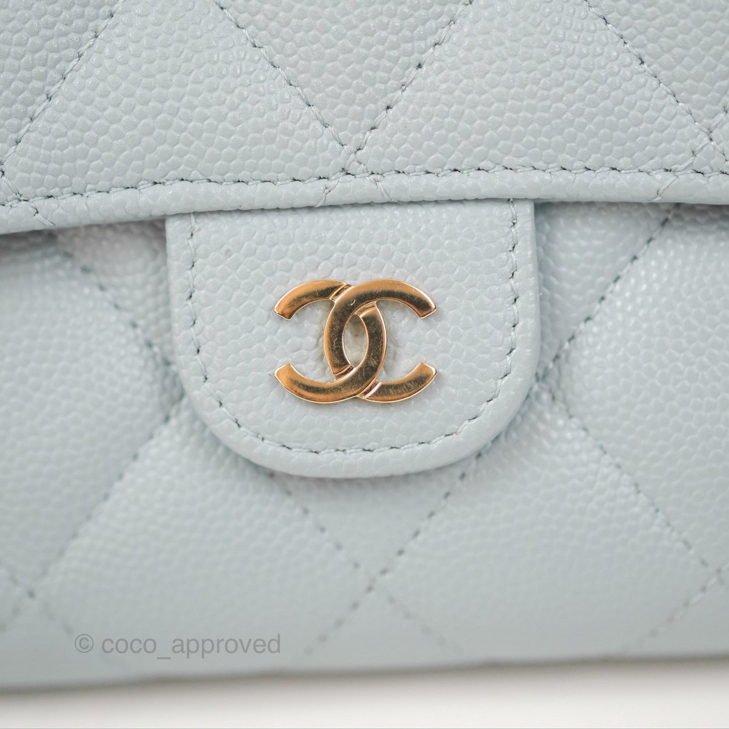 Chanel Classic Quilted Flap Long Wallet Light Blue Caviar Gold Hardware
