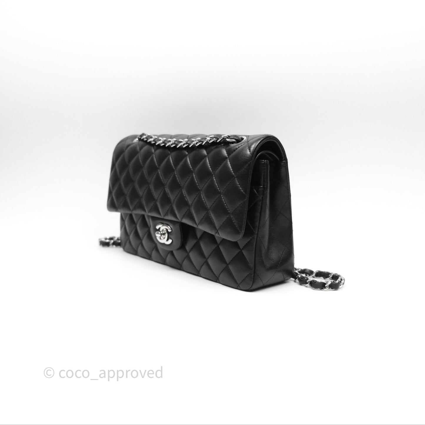 Chanel Classic M/L Medium Flap Quilted Black Lambskin Silver Hardware