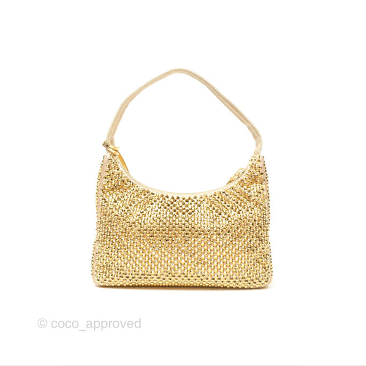Prada Re-Edition 2000 Nylon Mini Bag Gold Crystal Embellished