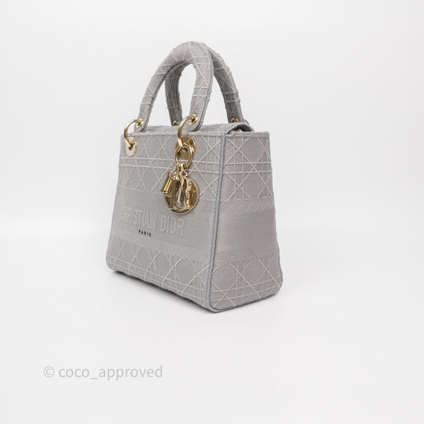 Dior Medium Lady D-Lite Bag Gray Cannage Embroidery Gold Hardware