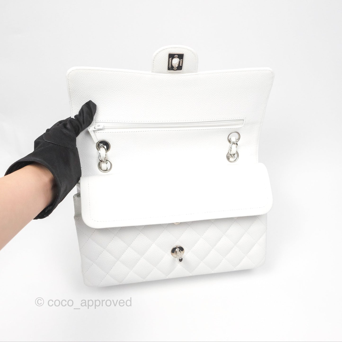 Chanel Classic M/L Medium Flap Quilted White Caviar Silver Hardware
