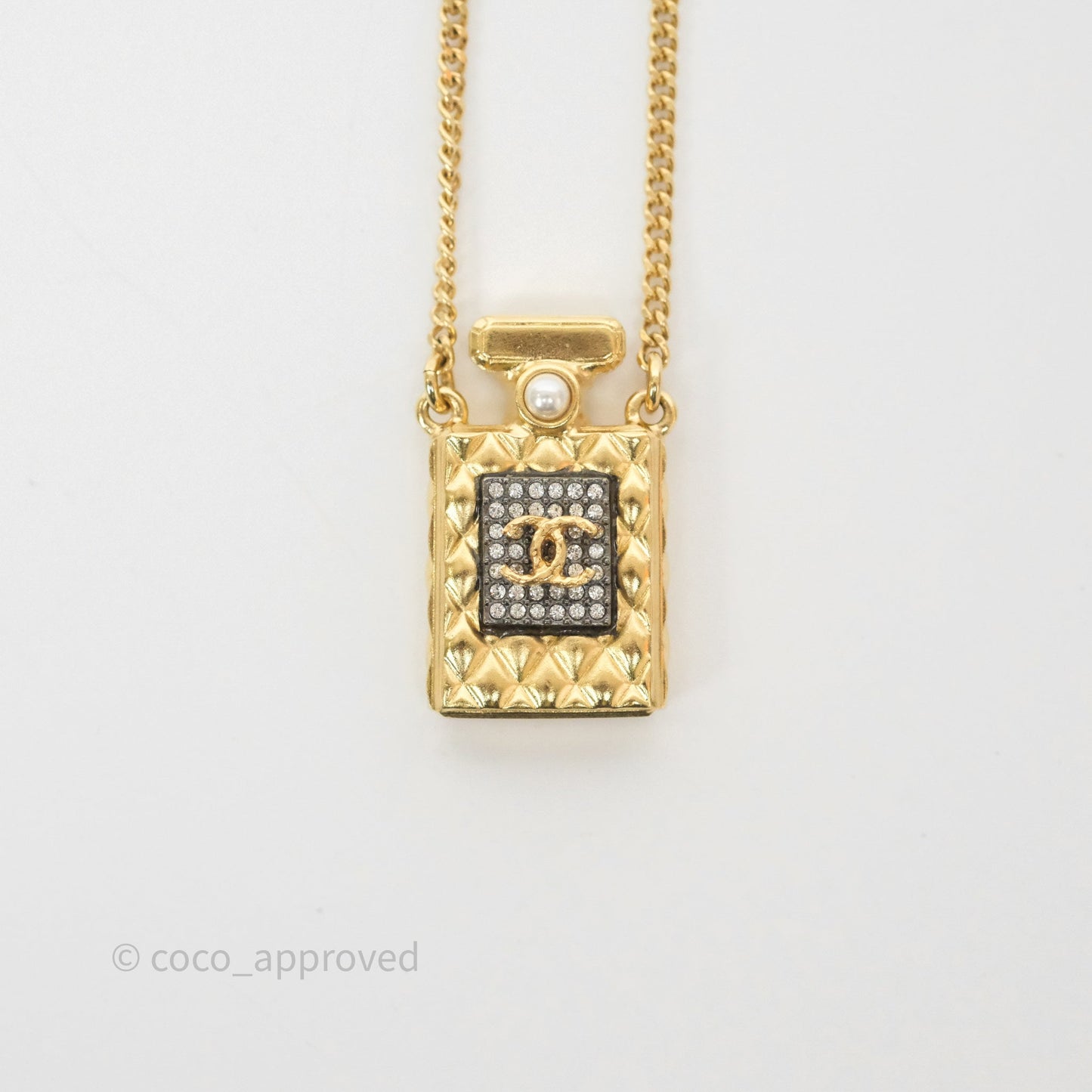Chanel CC Perfume Bottle Rhinestone Necklace Gold Tone 21V