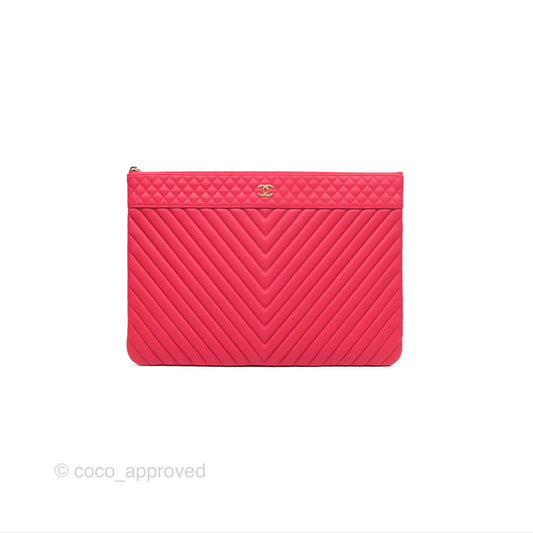 Chanel Large O Case Quilted Chevron Dark Pink Caviar Aged Gold Hardware