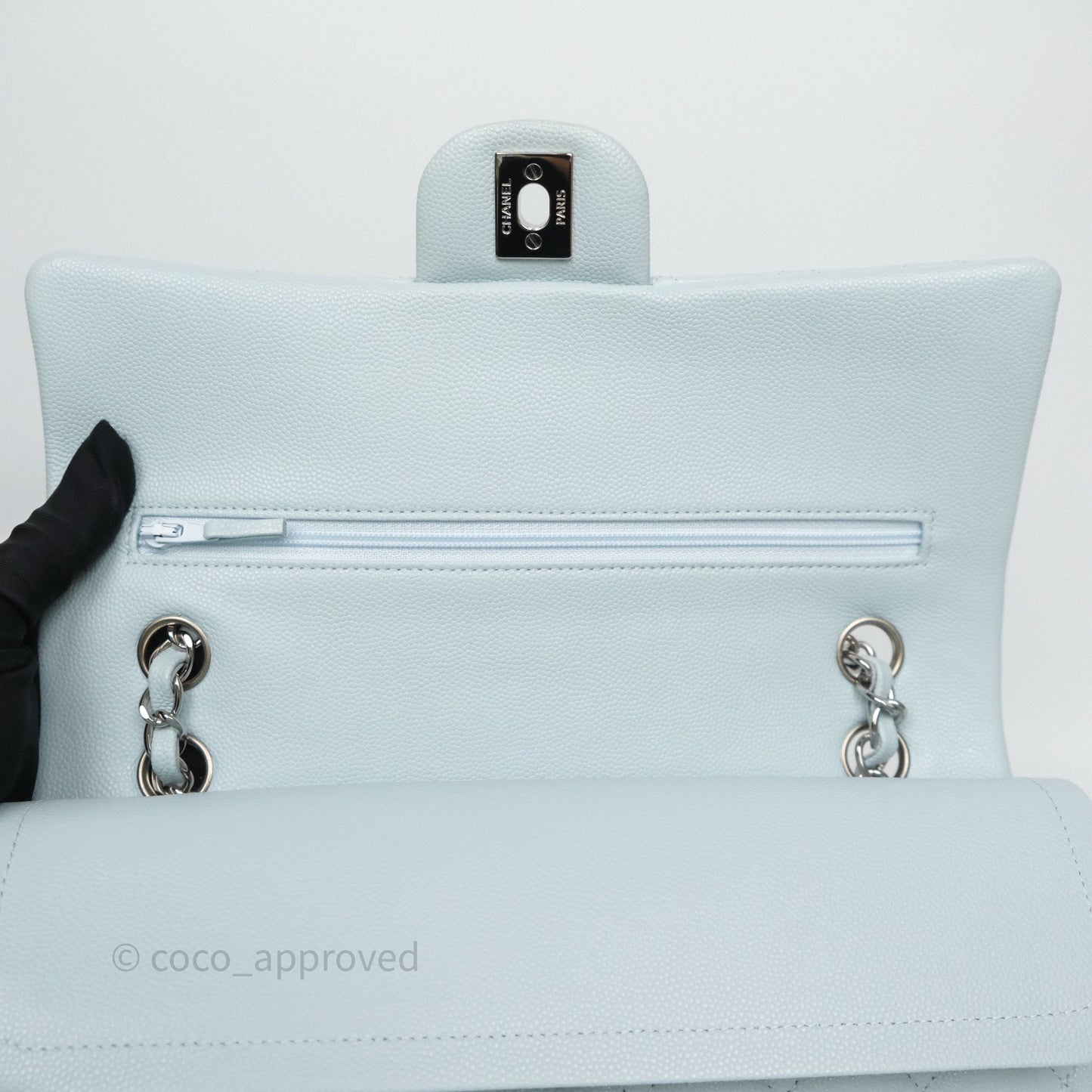 Chanel Classic M/L Medium Flap Quilted Light Blue Caviar Silver Hardware 21K