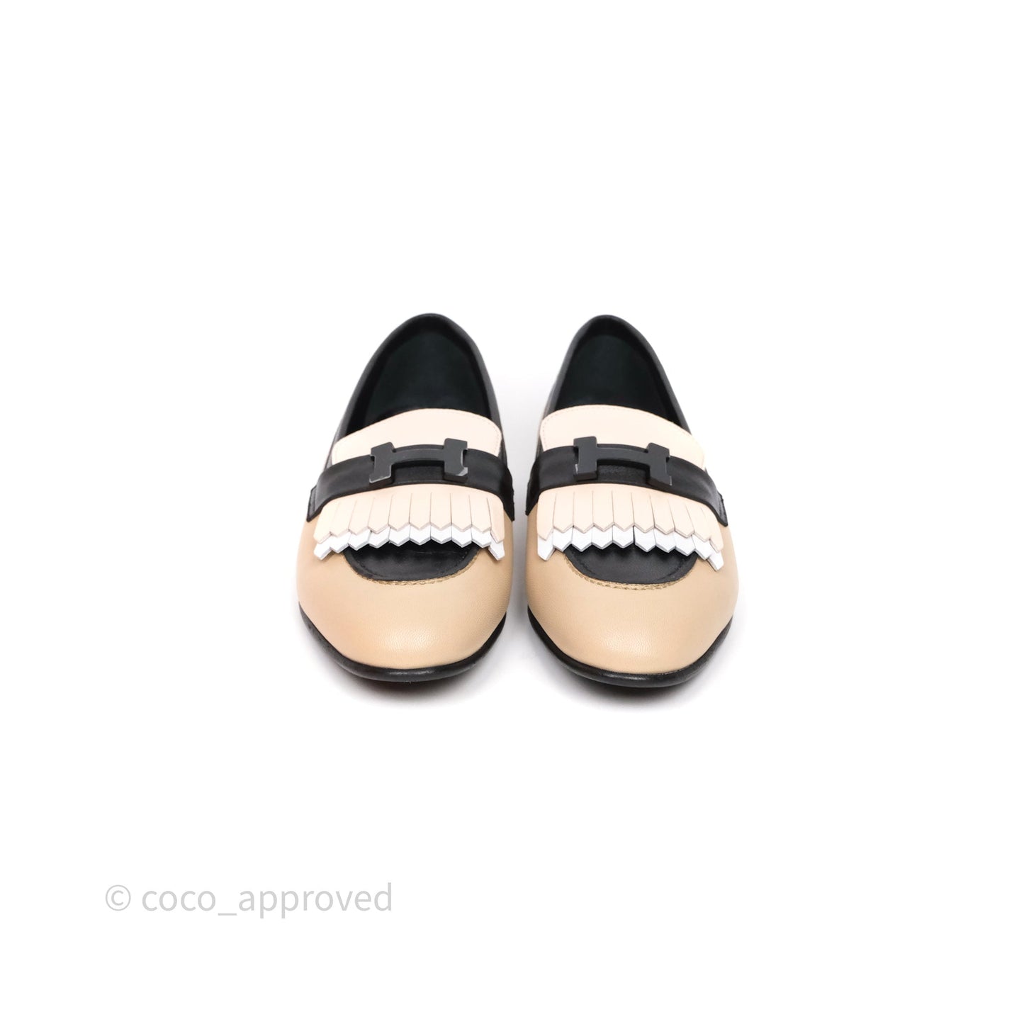 Hermès Royal Loafers Beige Calfskin Black/White Accents Size 37.5